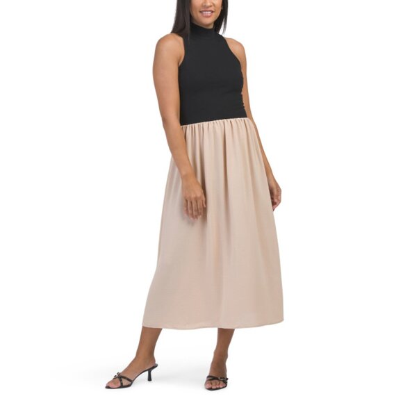 KALI FASHIONS Black/beige Mock Neck Mixed Media Maxi Dress - Picture 1 of 2